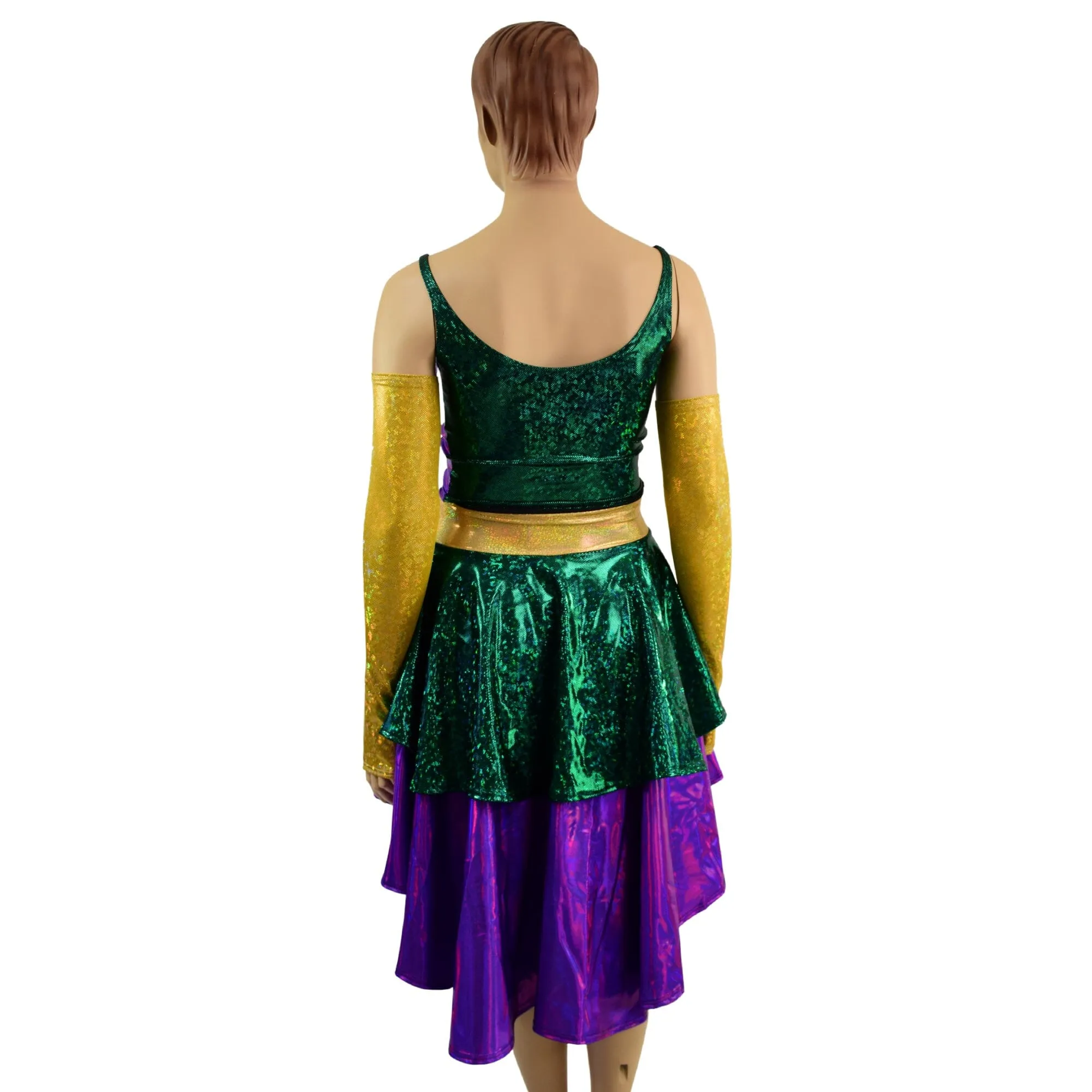 4PC Hi Lo Layered Mardi Gras Skirt, Lace Up Top and Arm Warmer Set