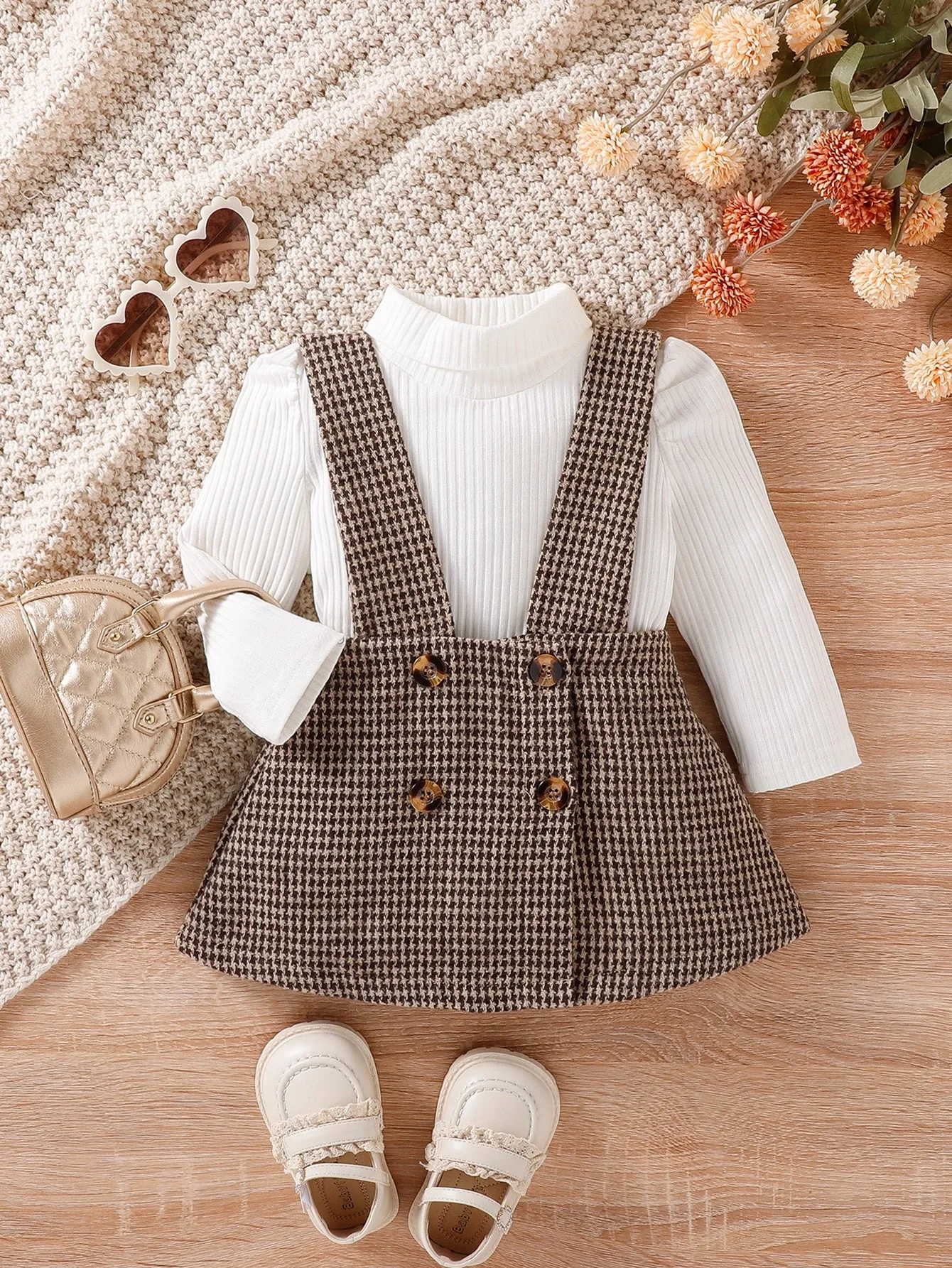 Baby Girl Puff Sleeve Bodysuit & Houndstooth Print Suspender Skirt