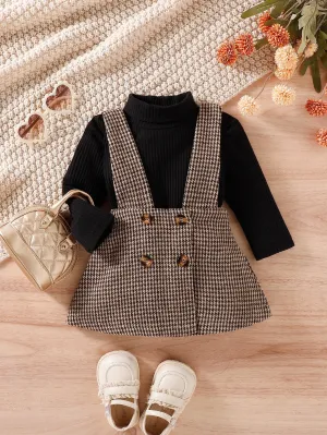 Baby Girl Puff Sleeve Bodysuit & Houndstooth Print Suspender Skirt