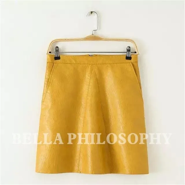 Bella Philosophy 2017 spring high waist Skrit PU faux leather women skirt pink yellow black green blue zipper mini skirt women