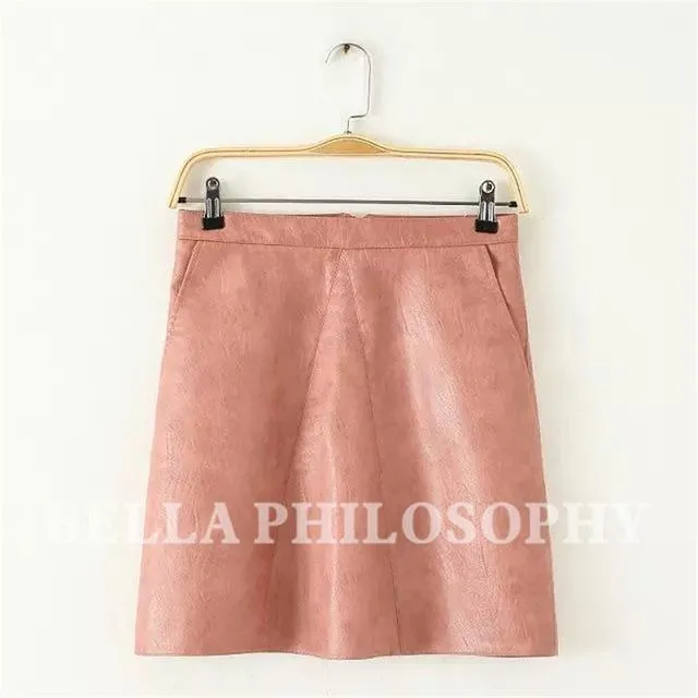 Bella Philosophy 2017 spring high waist Skrit PU faux leather women skirt pink yellow black green blue zipper mini skirt women