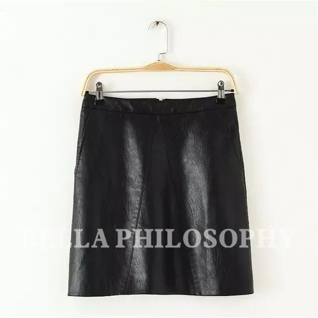 Bella Philosophy 2017 spring high waist Skrit PU faux leather women skirt pink yellow black green blue zipper mini skirt women