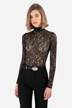 Black Stretch Lace High Neck Bodysuit