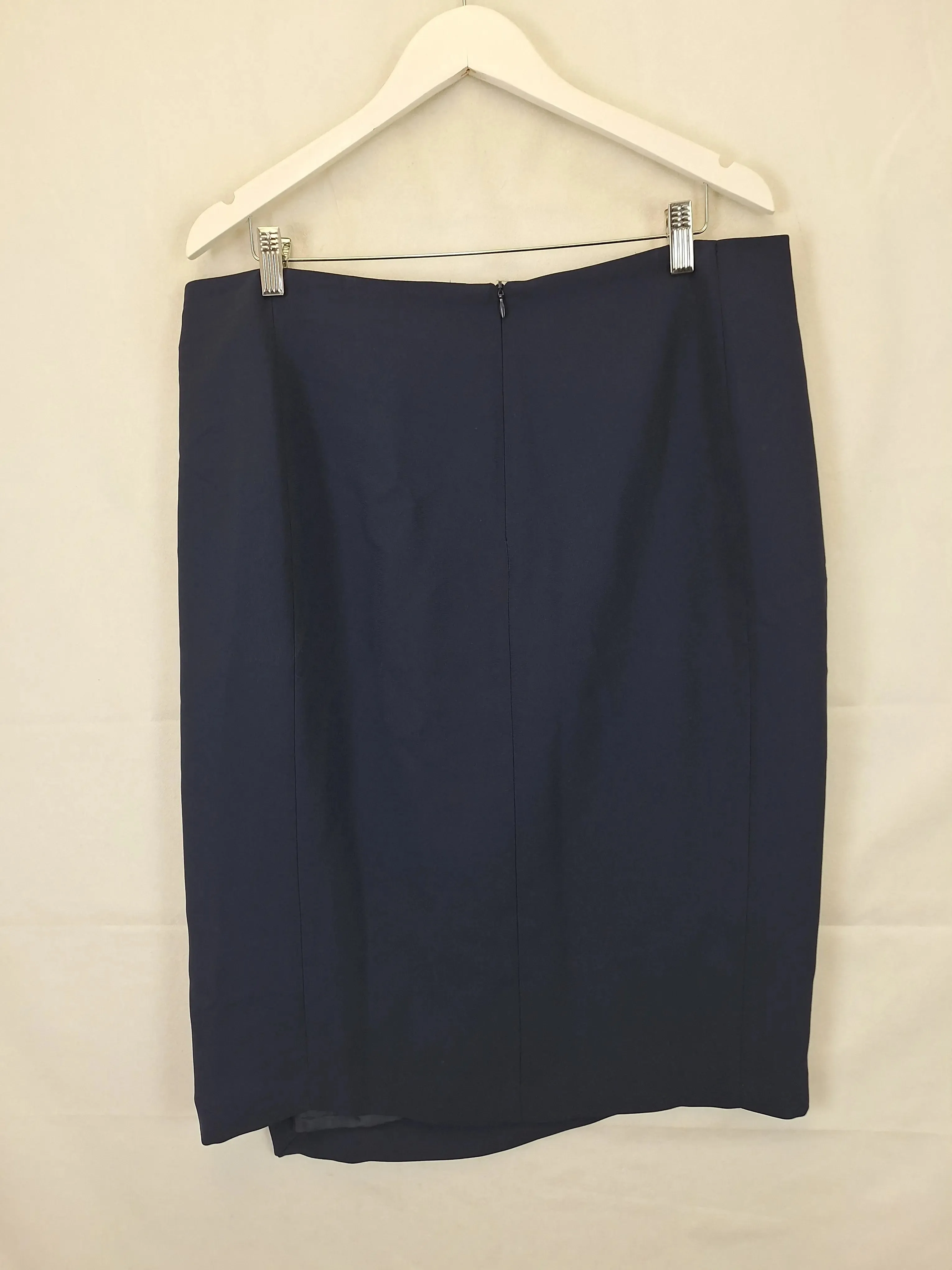 Carla Zampatti Navy Asymmetric Pencil Side Split Midi Skirt Size 12