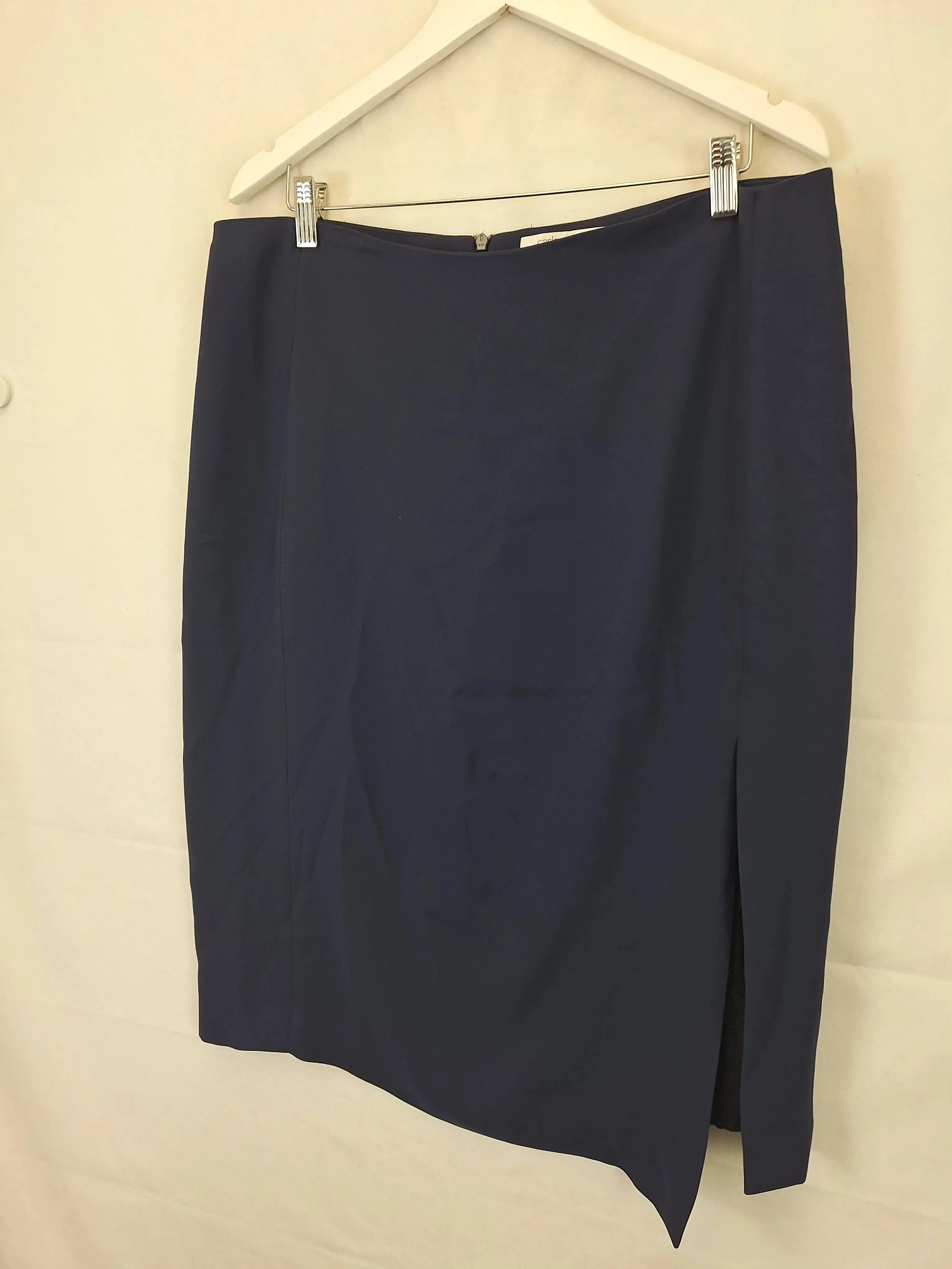 Carla Zampatti Navy Asymmetric Pencil Side Split Midi Skirt Size 12