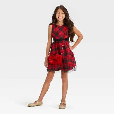 Cat & Jack Girls' Sleeveless High Neck Plaid Dress