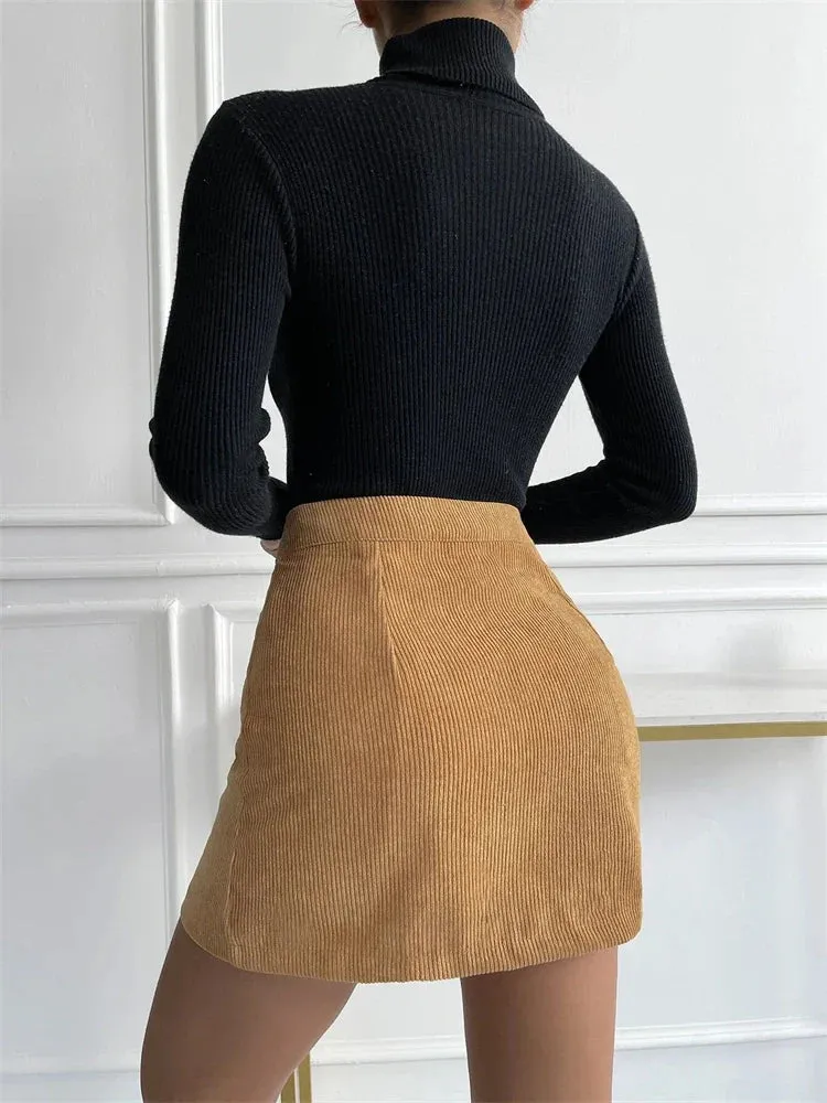 Corduroy Button Flare Skater Short Skirt