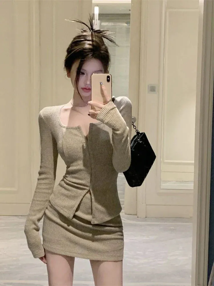 deanwangkt Sexy 2 Piece Dress Set Elegan Casual Long Sleeve Knitted Suits Y2k Crop Tops   Bodycon High Waist Mini Skirt Korean Autumn