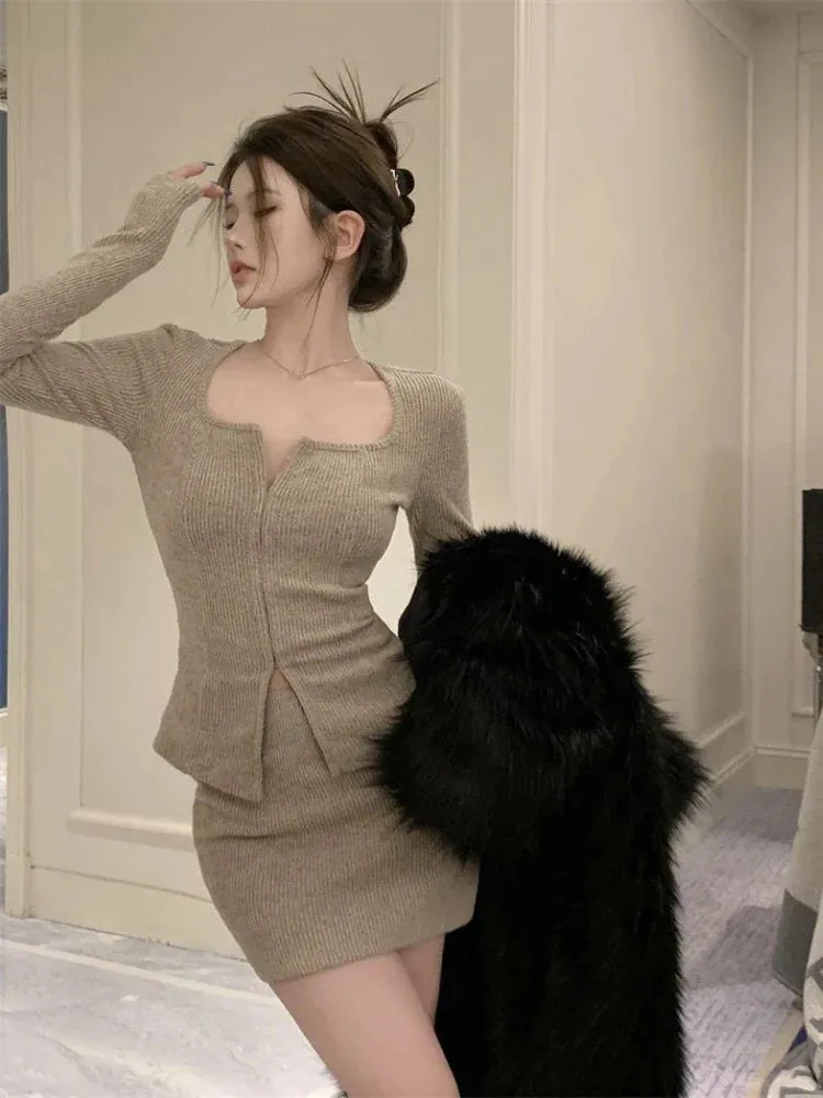 deanwangkt Sexy 2 Piece Dress Set Elegan Casual Long Sleeve Knitted Suits Y2k Crop Tops   Bodycon High Waist Mini Skirt Korean Autumn