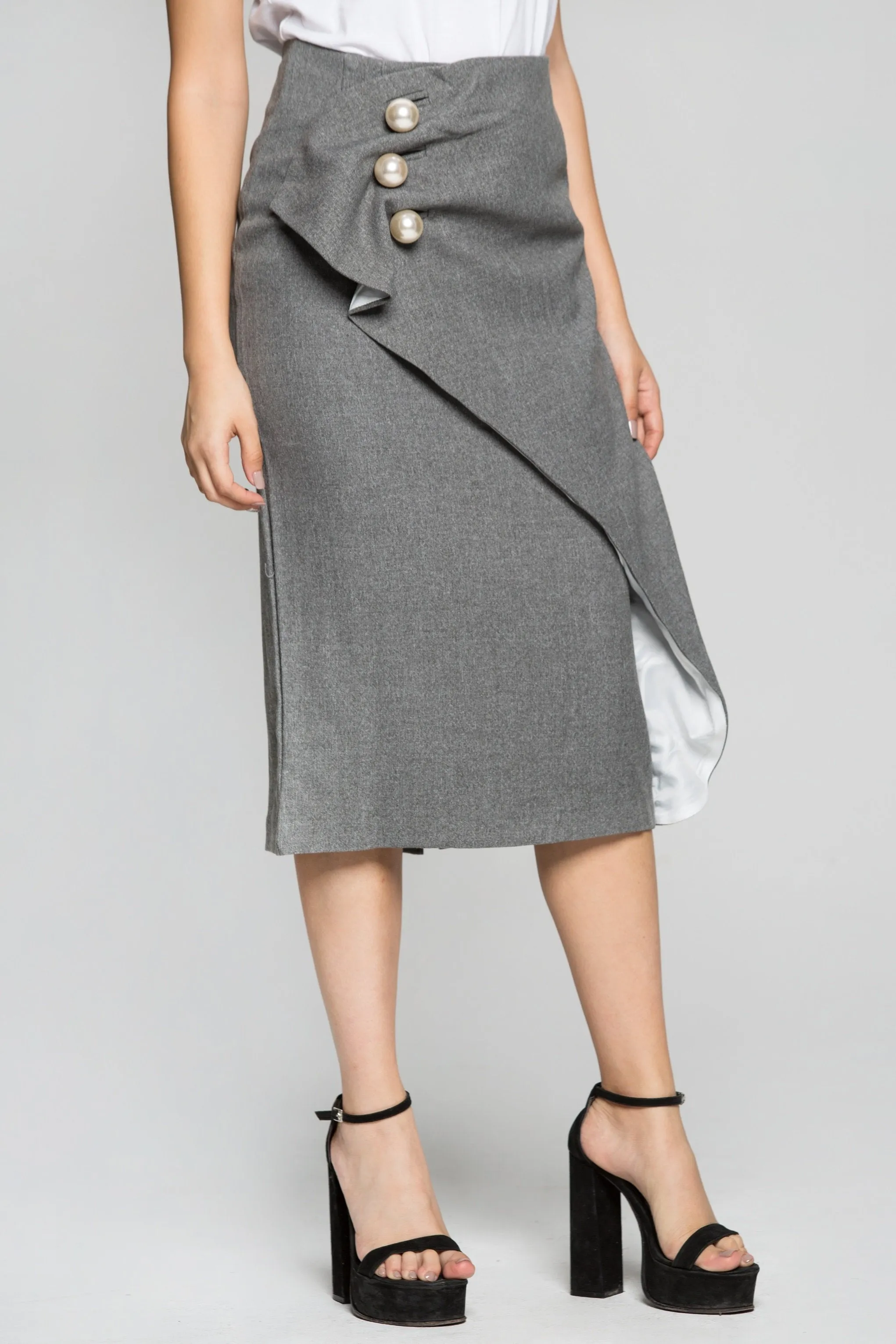 Grey Pearl Detail Pencil Skirt