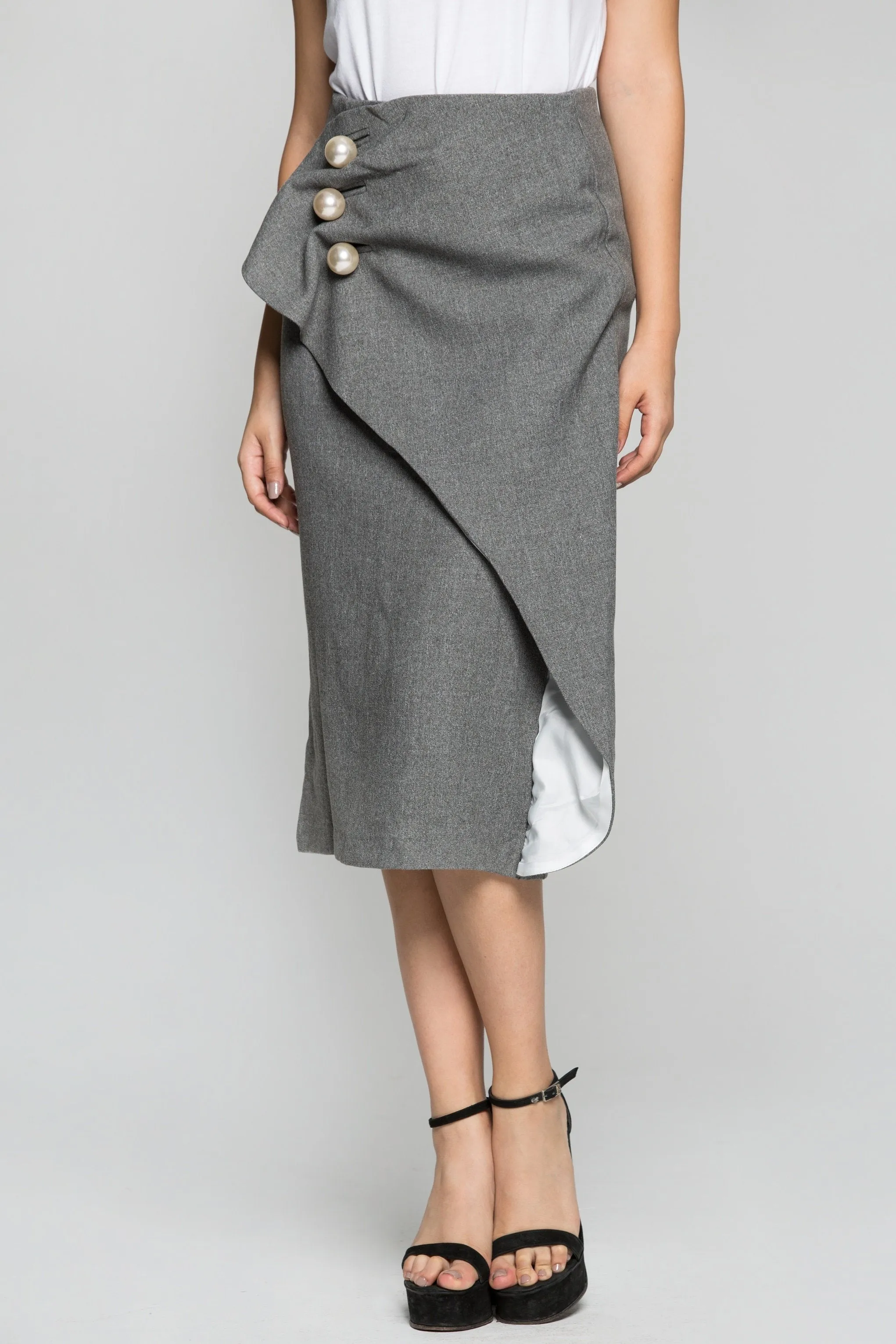 Grey Pearl Detail Pencil Skirt