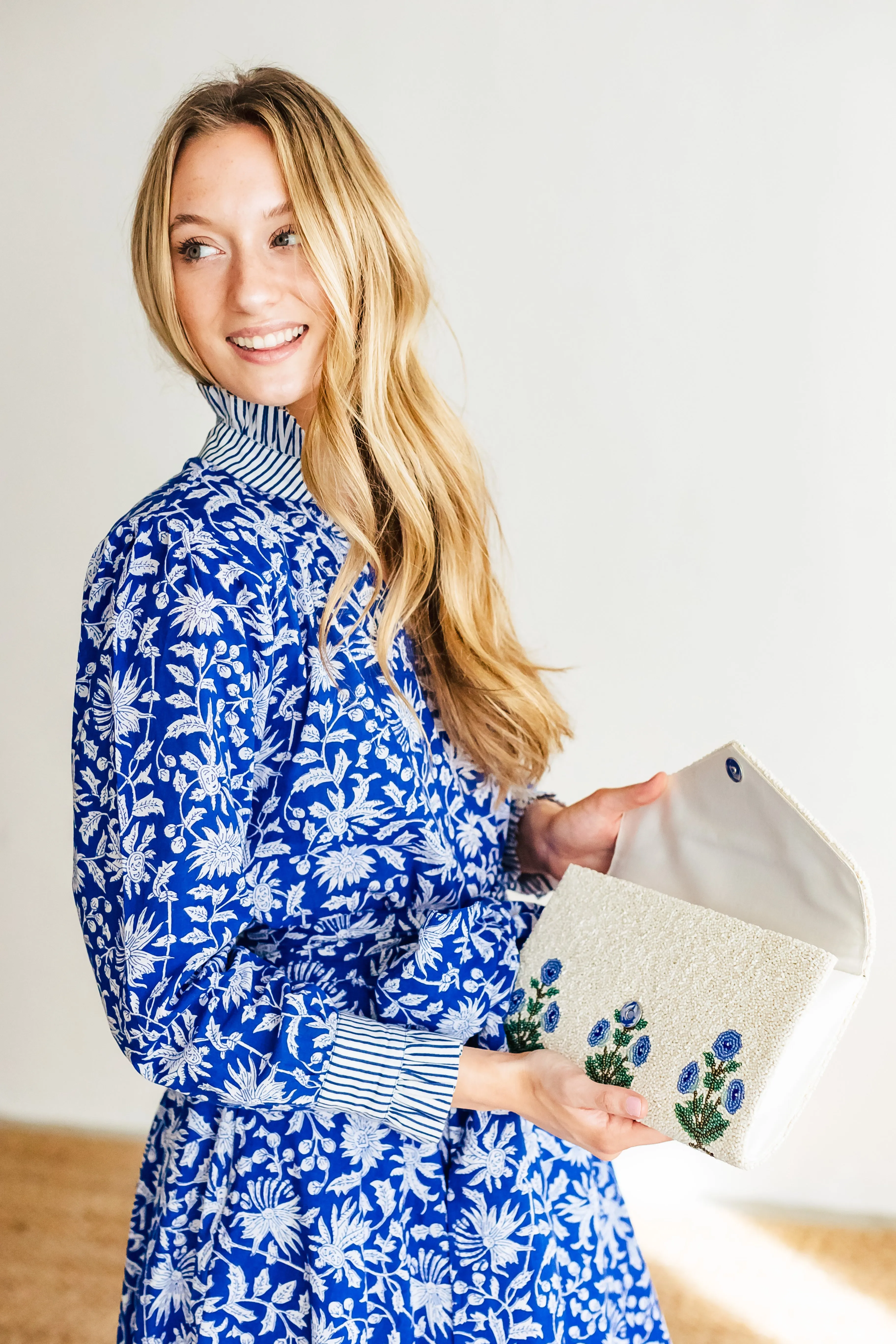 Hand beaded floral clutch in periwinkle block print floral *in stock!*