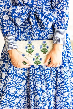 Hand beaded floral clutch in periwinkle block print floral *in stock!*