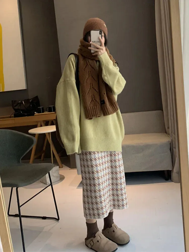 Houndstooth Jacquard Knitted Long Skirts Women Fall Winter Fashion High Waist Bodycon Skirt Female C-095