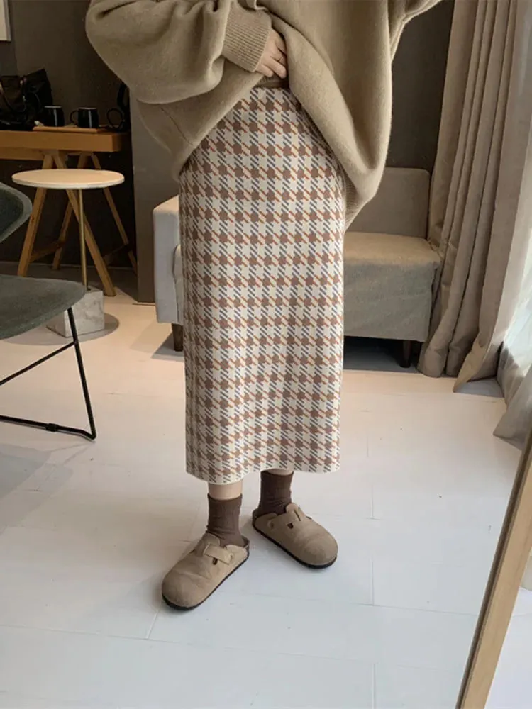 Houndstooth Jacquard Knitted Long Skirts Women Fall Winter Fashion High Waist Bodycon Skirt Female C-095