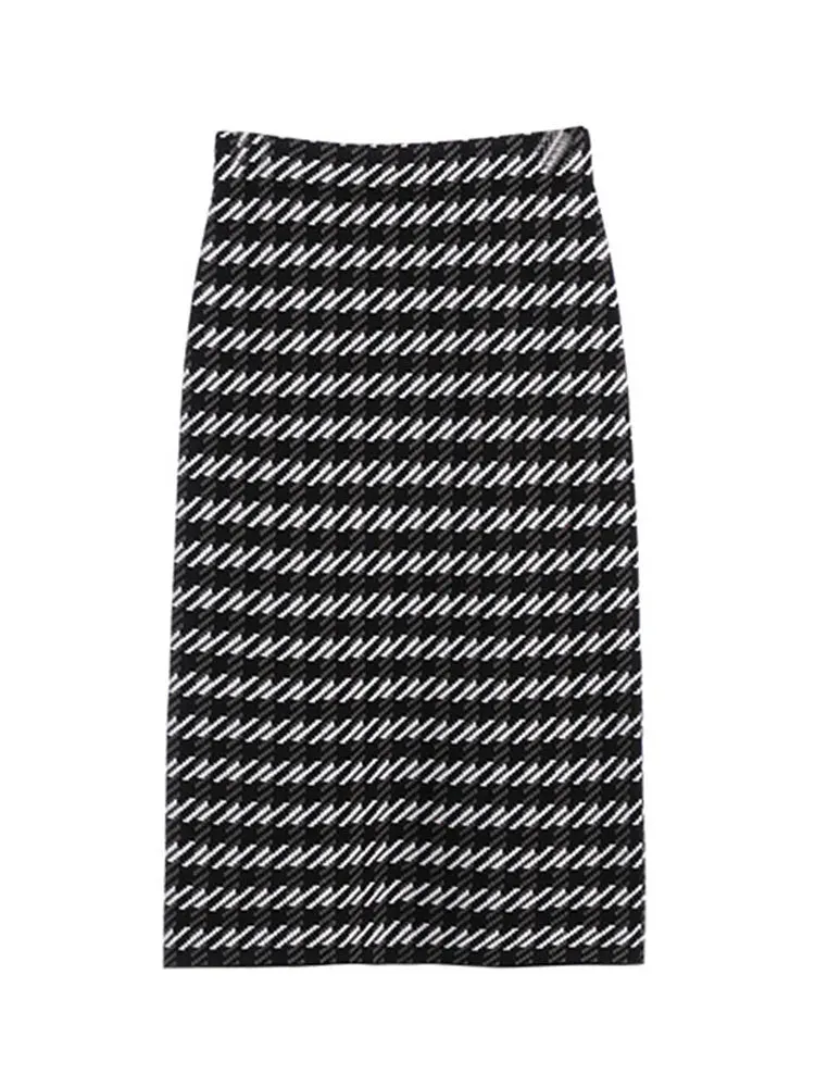 Houndstooth Jacquard Knitted Long Skirts Women Fall Winter Fashion High Waist Bodycon Skirt Female C-095