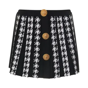 Houndstooth Pleated Knit Mini Skirt in Black/White