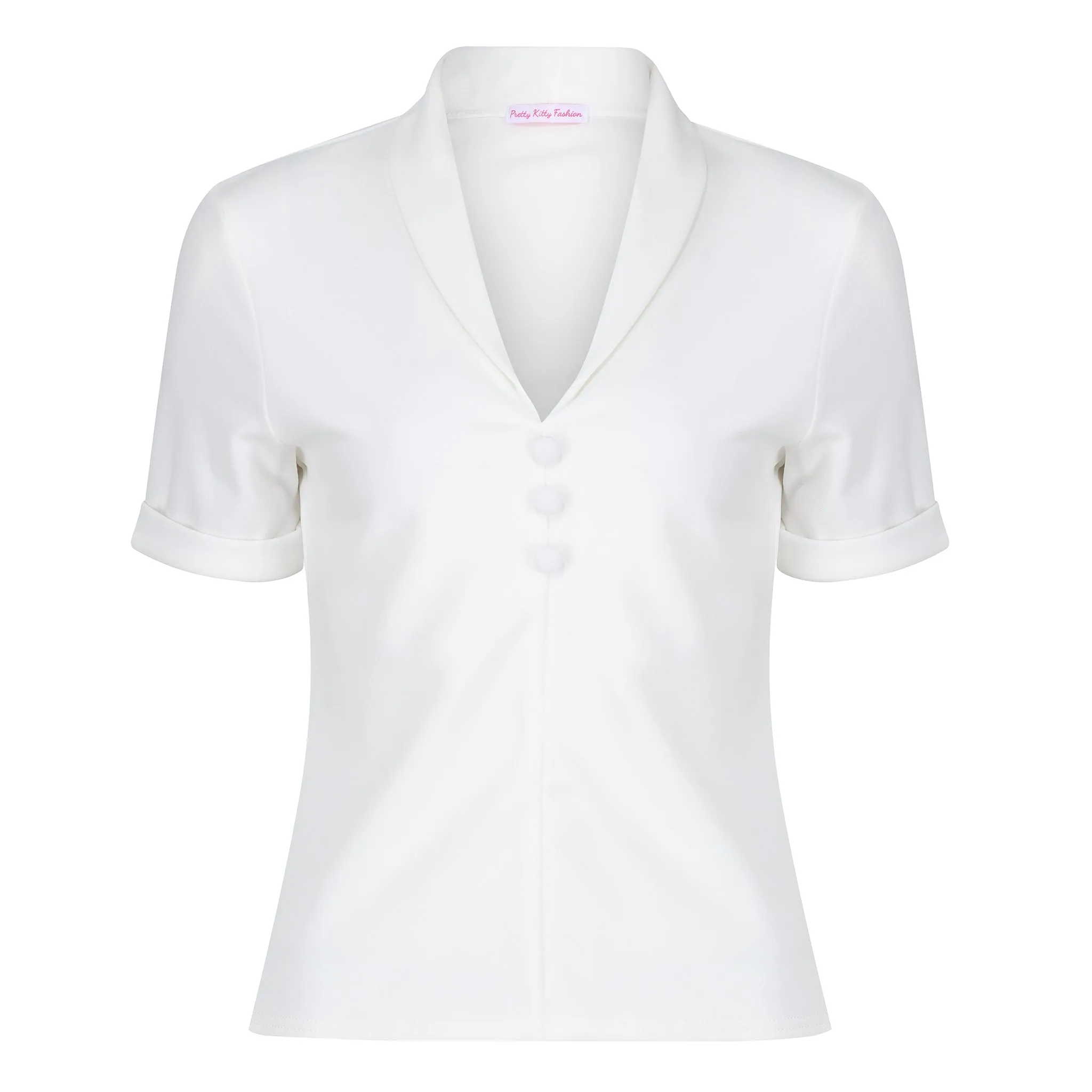 Ivory Button-down Short Sleeve Blouse with V-neck Collar