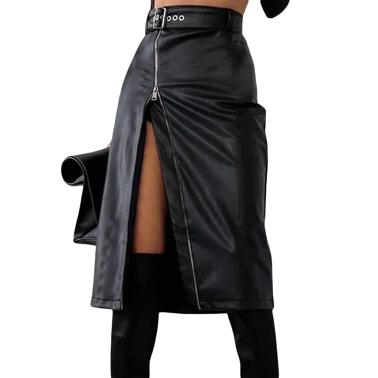 Leather PU Bodycon High Waist Zipper Split Midi Fashion Club Party Pencil Faux Skirt