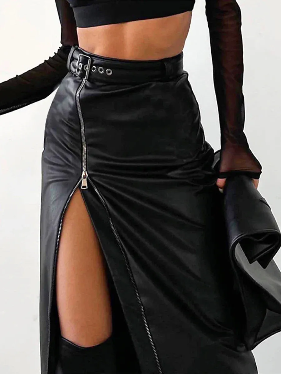 Leather PU Bodycon High Waist Zipper Split Midi Fashion Club Party Pencil Faux Skirt