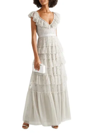 Light Grey Sunburst Plunging Neck Tiered Embellished Tulle Gown (UK 6)