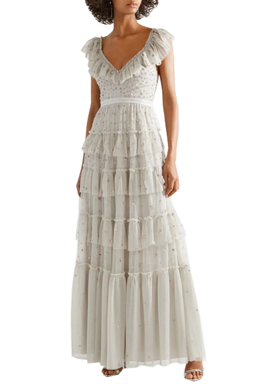 Light Grey Sunburst Plunging Neck Tiered Embellished Tulle Gown (UK 6)