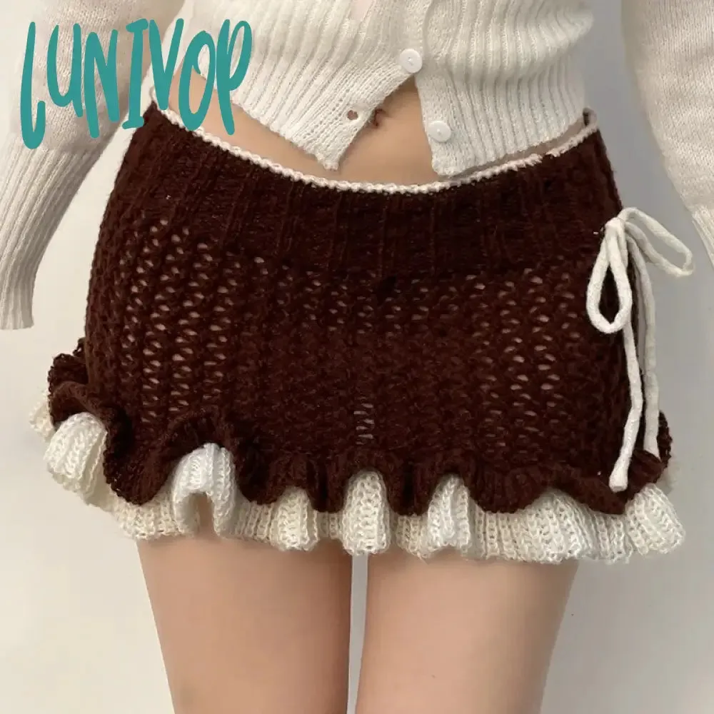 Lunivop Autumn Winter Knit Ruffles Skirt Vintage y2k Low Rise Contrast Patchwork Pencil Mini Skirts 2000s Harajuku Women Outfits