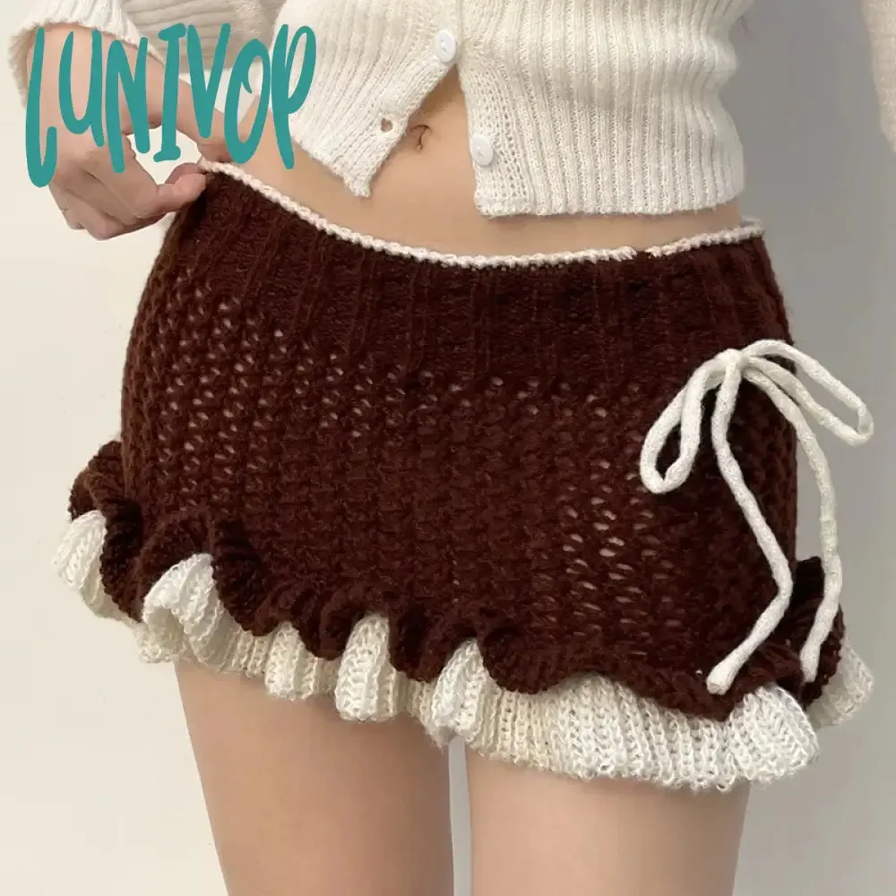 Lunivop Autumn Winter Knit Ruffles Skirt Vintage y2k Low Rise Contrast Patchwork Pencil Mini Skirts 2000s Harajuku Women Outfits