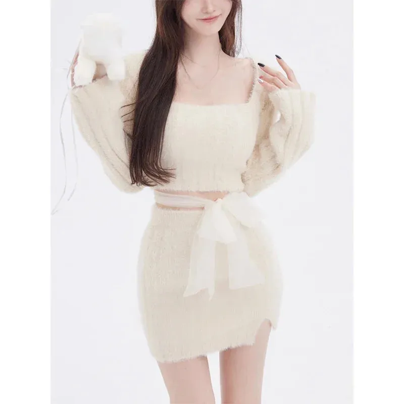 LVSANW 2024 Autumn Knitted Sweater Suits Female Elegant 2 Piece Skirts Korean Fashion Even Party Y2k Crop Tops Japanese Kawaii Clothing