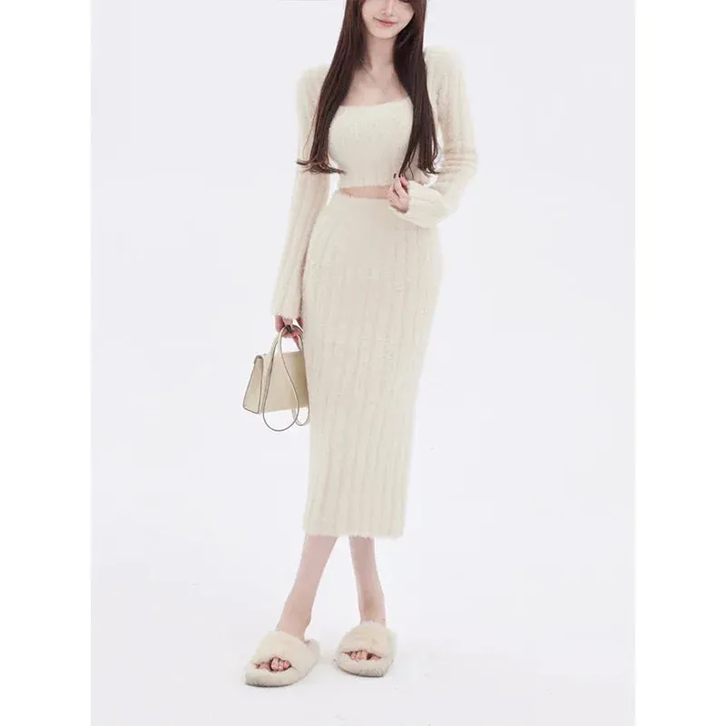 LVSANW 2024 Autumn Knitted Sweater Suits Female Elegant 2 Piece Skirts Korean Fashion Even Party Y2k Crop Tops Japanese Kawaii Clothing