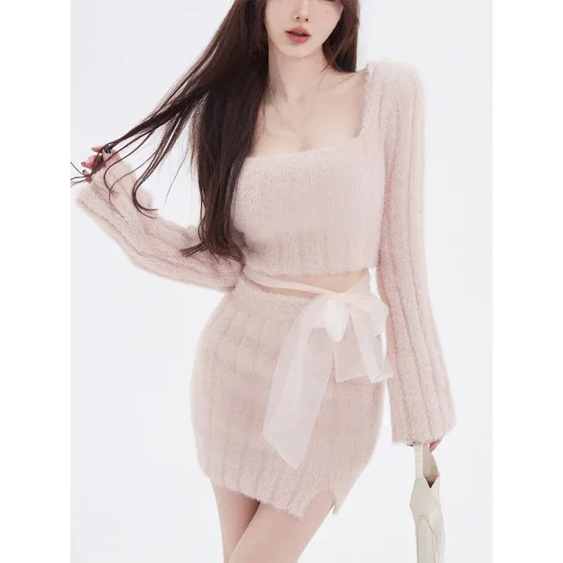 LVSANW 2024 Autumn Knitted Sweater Suits Female Elegant 2 Piece Skirts Korean Fashion Even Party Y2k Crop Tops Japanese Kawaii Clothing