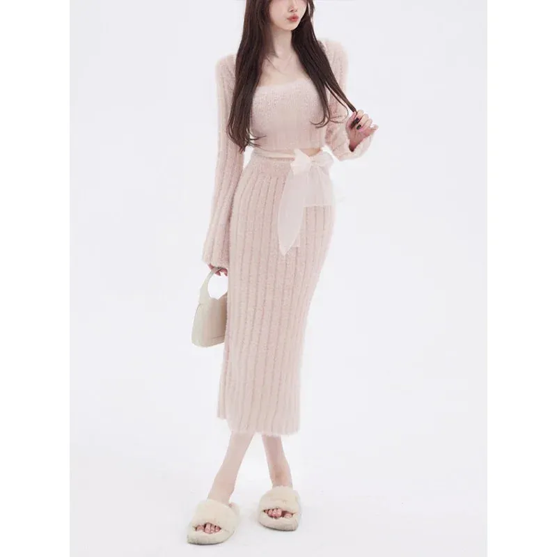 LVSANW 2024 Autumn Knitted Sweater Suits Female Elegant 2 Piece Skirts Korean Fashion Even Party Y2k Crop Tops Japanese Kawaii Clothing