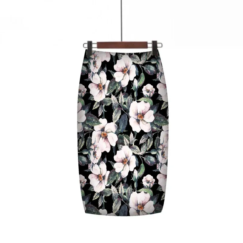 LVSANW 2024 New European Red Rose Flower Print Summer Women Pencil Skirts Lady Midi Saias Female Black Faldas Girls Slim Bottoms S-2XL