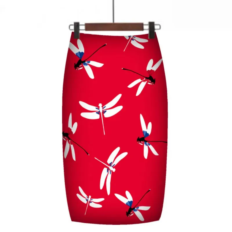 LVSANW 2024 New European Red Rose Flower Print Summer Women Pencil Skirts Lady Midi Saias Female Black Faldas Girls Slim Bottoms S-2XL