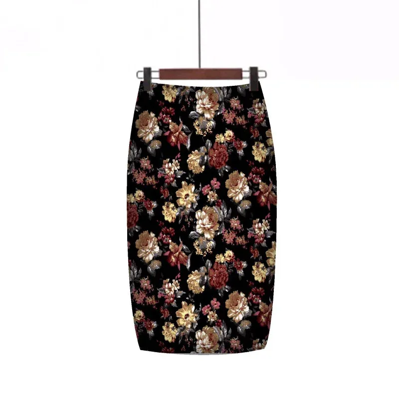 LVSANW 2024 New European Red Rose Flower Print Summer Women Pencil Skirts Lady Midi Saias Female Black Faldas Girls Slim Bottoms S-2XL