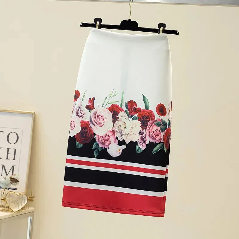 LVSANW 2024 New European Red Rose Flower Print Summer Women Pencil Skirts Lady Midi Saias Female Black Faldas Girls Slim Bottoms S-2XL