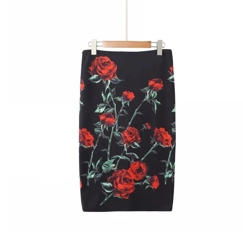 LVSANW 2024 New European Red Rose Flower Print Summer Women Pencil Skirts Lady Midi Saias Female Black Faldas Girls Slim Bottoms S-2XL