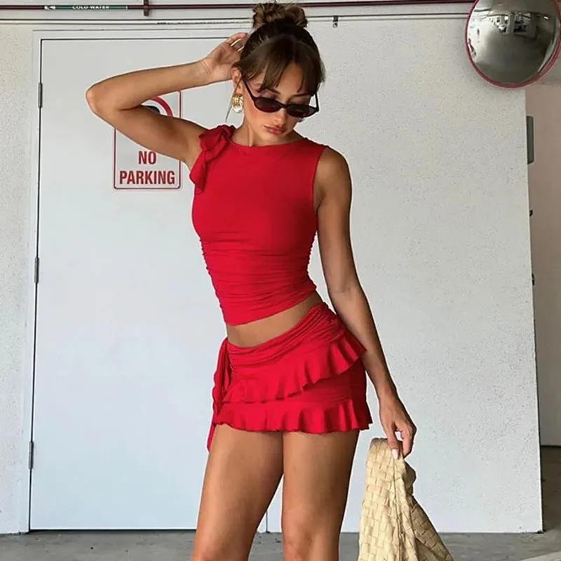 LVSANW Apprabant Red Skirt Set Sleeveless Round Neck Open Umbilical Small Tank Top Slim Fit Wooden Ear Edge Wrapped Hip Skirts Suit