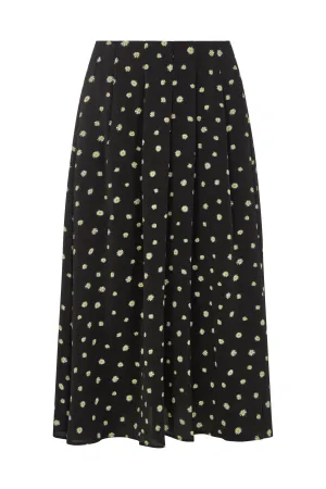 Mila Side Slit Daisy Print Midi Skirt In Black