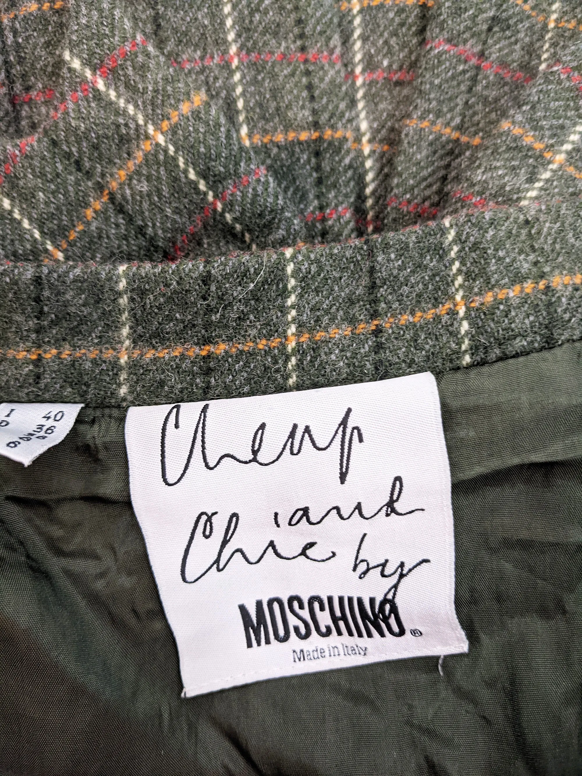 Moschino Vintage Green Wool Pleated Bow Mini Skirt, 1990s