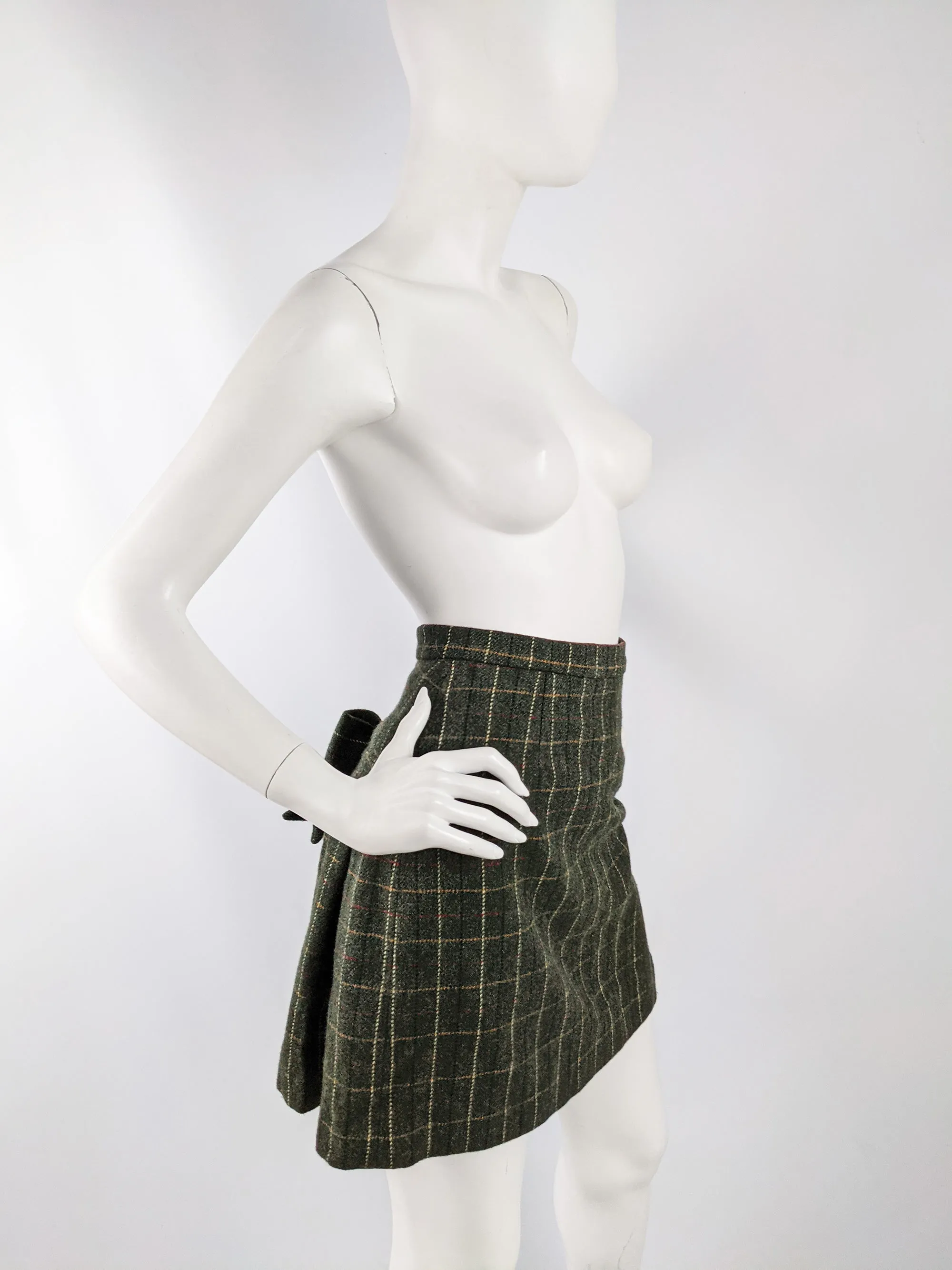 Moschino Vintage Green Wool Pleated Bow Mini Skirt, 1990s