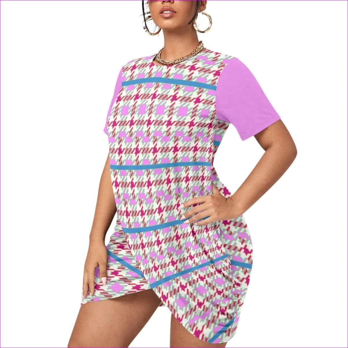 Pink Houndstooth Women’s Stacked Hem Dress With Short Sleeve Voluptuous ( ) Plus Size