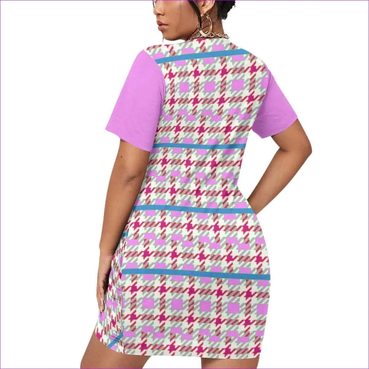 Pink Houndstooth Women’s Stacked Hem Dress With Short Sleeve Voluptuous ( ) Plus Size