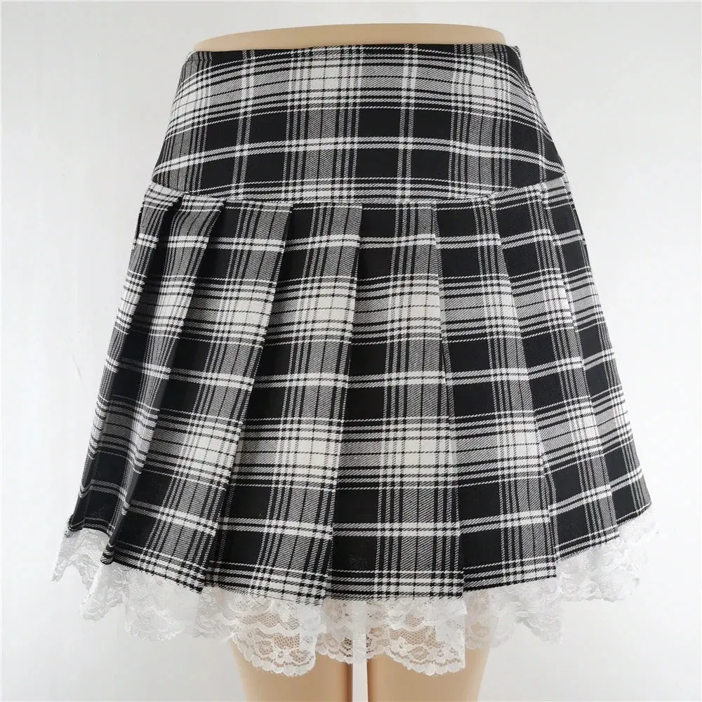 Plaid Skater Vintage Pleated Gothic Sexy New Clothes Lace Style England Contrast Y2K Harajuku Skirt