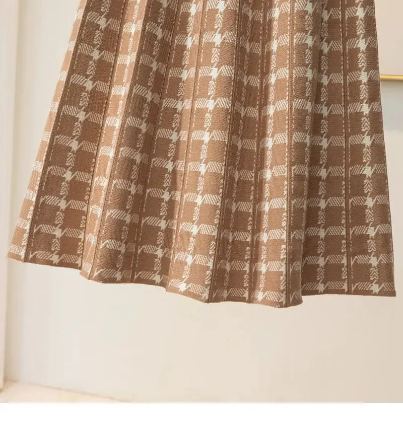 Pre Order:  Houndstooth Knitted Plaid Midi Skirt