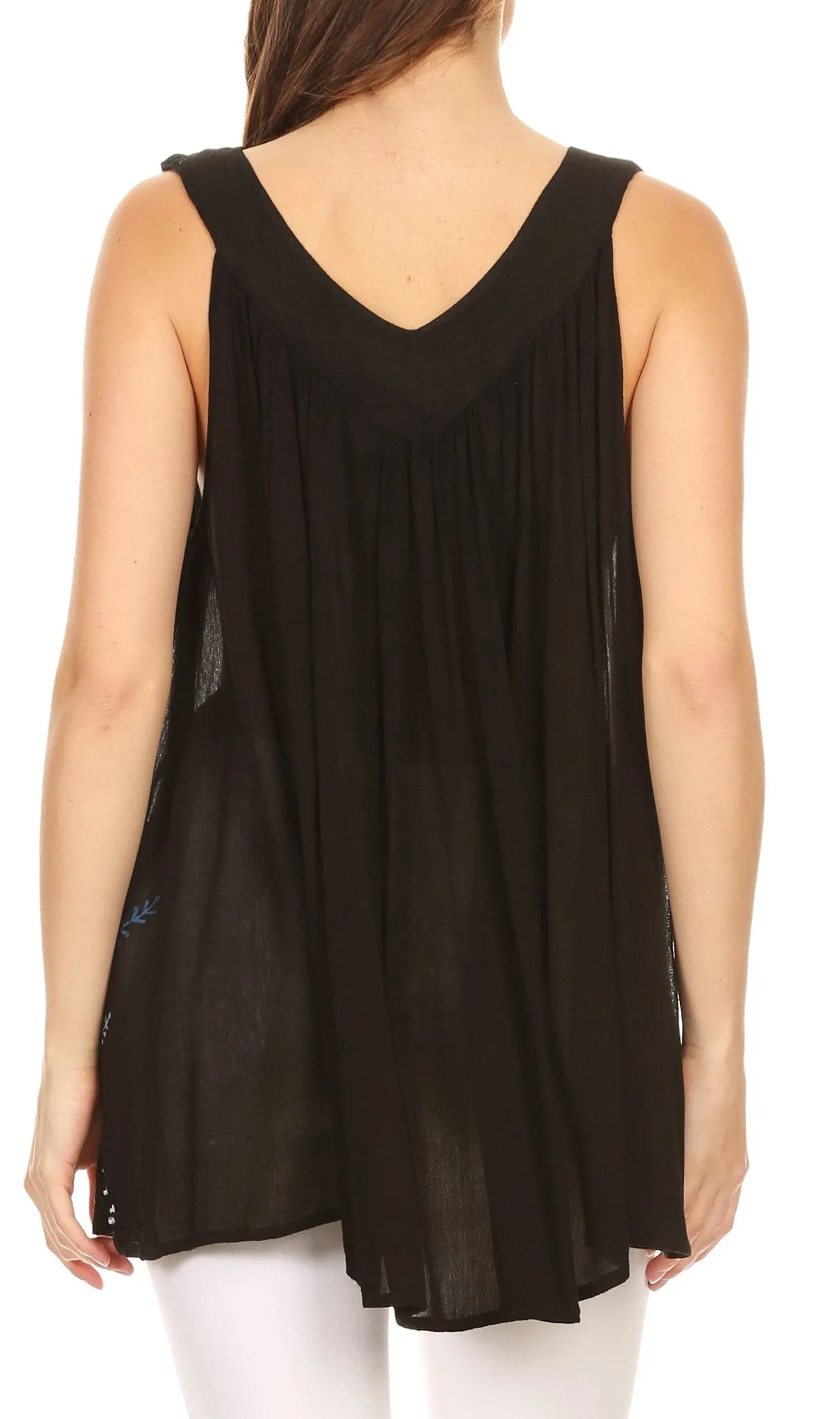 Sakkas Tara V Neck Sleeveless Soft Crinkled Embroidered Casual Tank Top Blouse