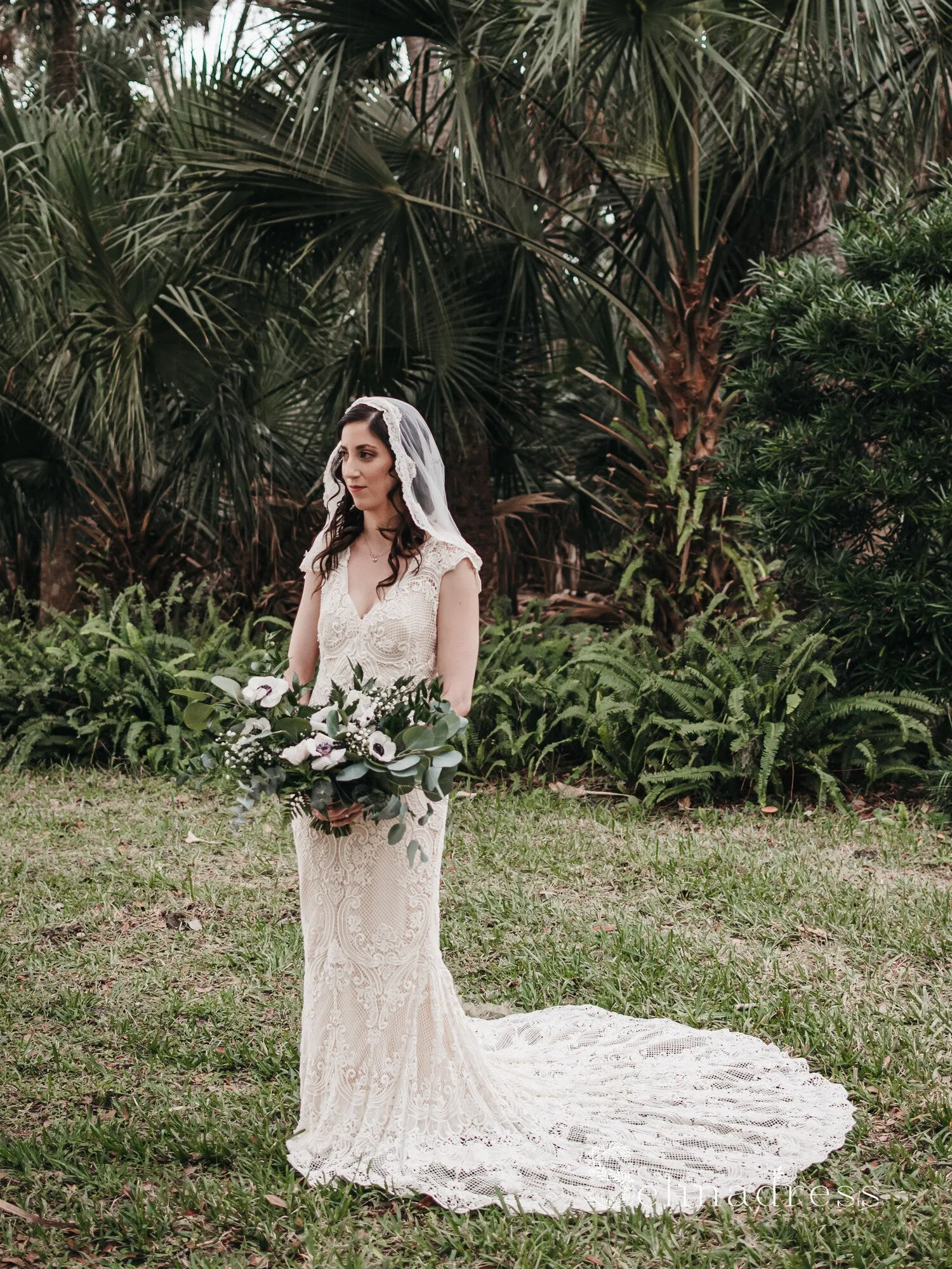 Sheath/Column V neck Boho Lace Wedding Dresses Rustic Wedding Gowns MHL145