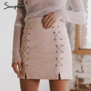 Simplee Autumn lace up leather suede pencil skirt Winter 2017 cross high waist skirt Zipper split bodycon short skirts womens