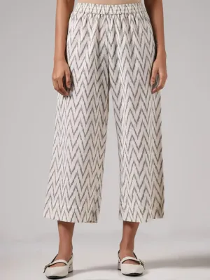 Utsa Off-White Ikkat Printed Blended Linen Palazzos