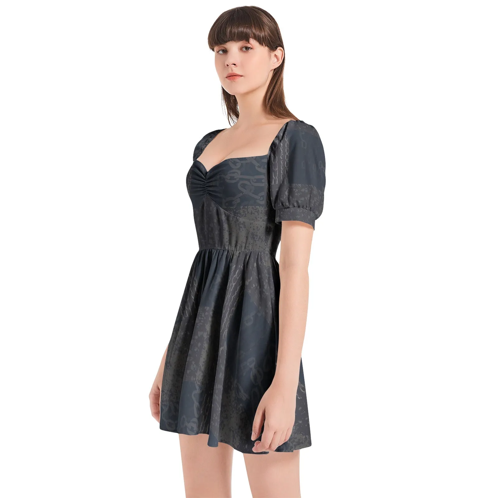 Vampire Art Grunge Patchwork Puff Sleeve Sweetheart Neck Short Dress - Chains